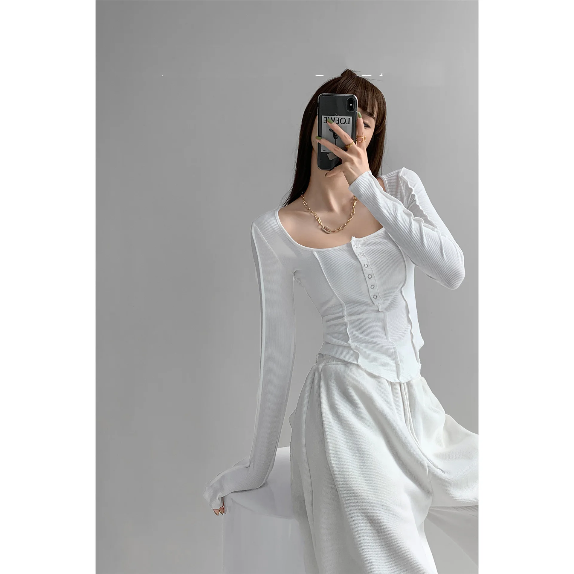 Street European And American Style Stitching Anti Line Single Breasted - White