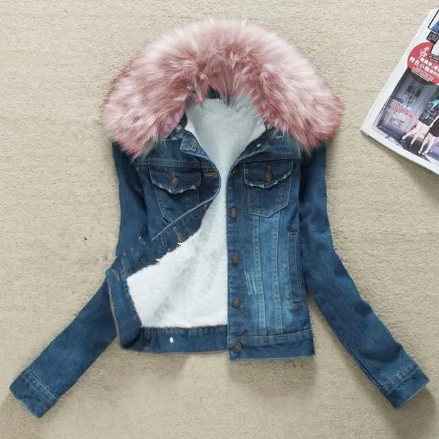 New Korean Style Female Slim Fit Plus Velvet Padded Jacket Dark Blue Pink Fur Collar - Shop at LoveMi