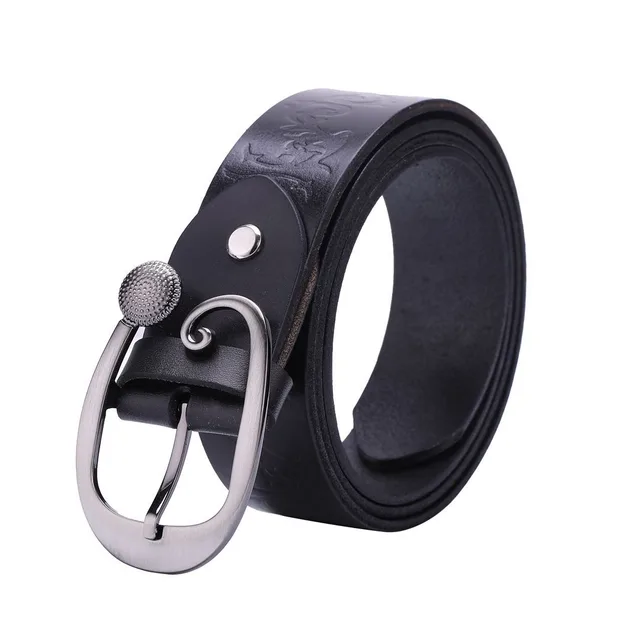 Ladies Leather Belt Head Layer Cowhide Embossed Decoration Black - Shop at LoveMi