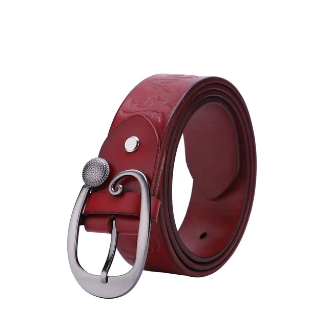 Ladies Leather Belt Head Layer Cowhide Embossed Decoration Red - Shop at LoveMi