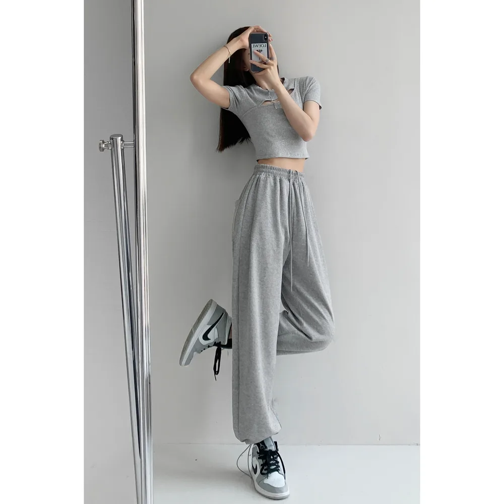 Loose And Thin Sports Pants Women's Drawstring Casual Straight Leg Trousers Light Grey - Shop at LoveMi