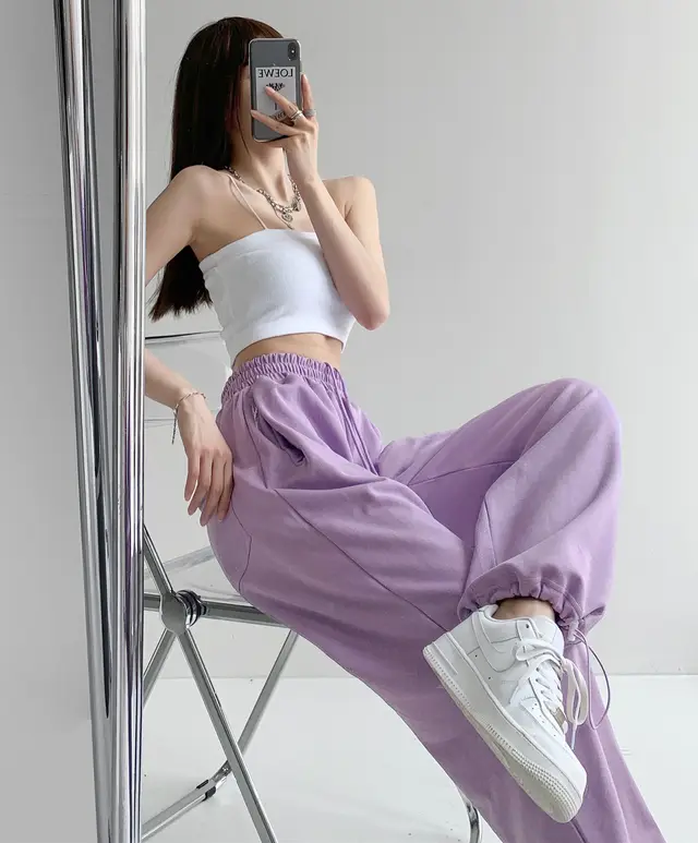 Loose And Thin Sports Pants Women's Drawstring Casual Straight Leg Trousers Purple - Shop at LoveMi