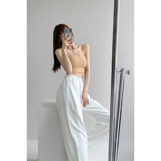 Loose And Thin Sports Pants Women's Drawstring Casual Straight Leg Trousers White - Shop at LoveMi