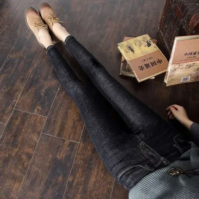 Women's Jeans With Small Feet Look Thin In Autumn And Winter Single Button Black - Shop at LoveMi