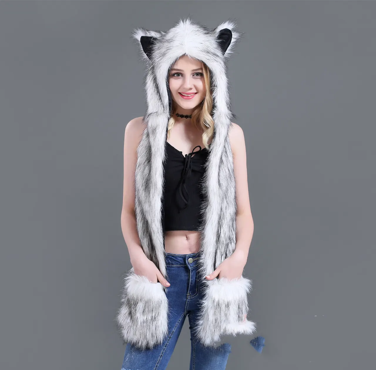 Cartoon Animal Hat Scarf Glove One - Black Tip On White