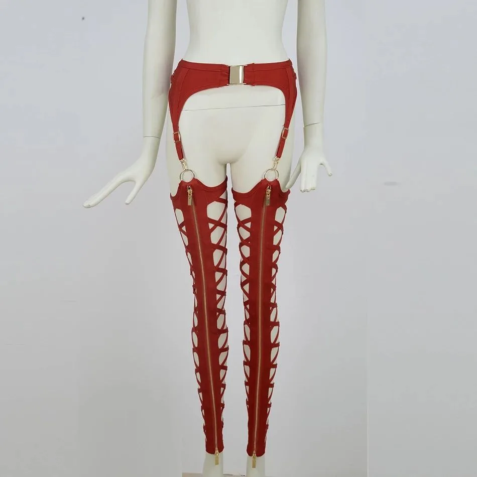 European And American Sexy Front Zipper Cutout Tight Nightclub Leggings Women's Clothing Red - Shop at LoveMi