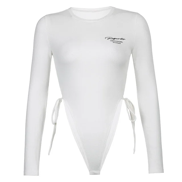 Sexy Slim fit Tie waisted Letter Print One piece Bottoming Long sleeved Top White - Shop at LoveMi