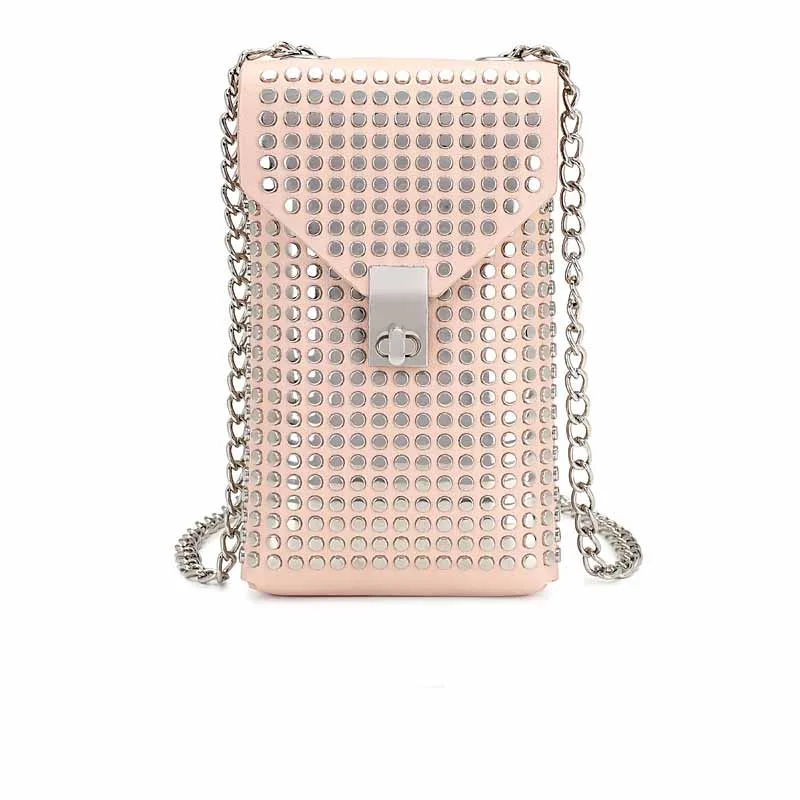 Fashion Soft Leather Rivet Crossbody Chain Bag Pink - Shop at LoveMi