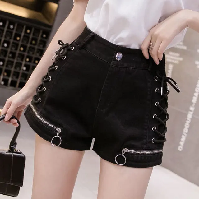 Casual Denim Mid waist Slim Shorts Black - Shop at LoveMi
