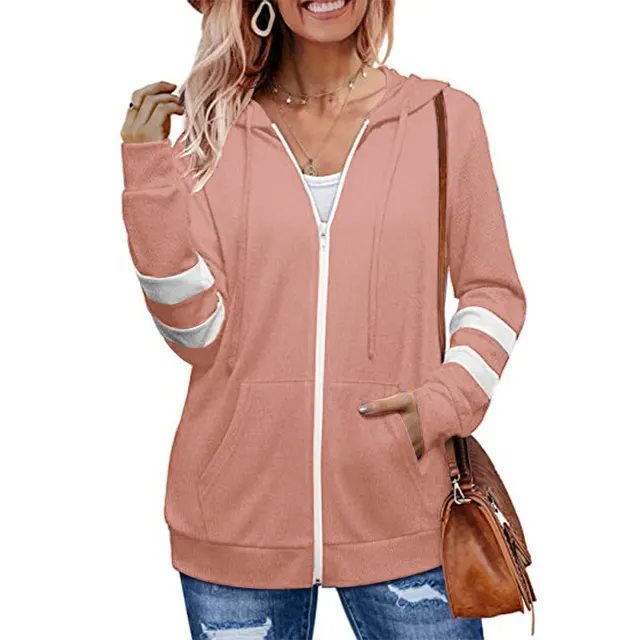 Women's Solid Color Cardigan Hoodie Zipper Sweater Pink - Shop at LoveMi