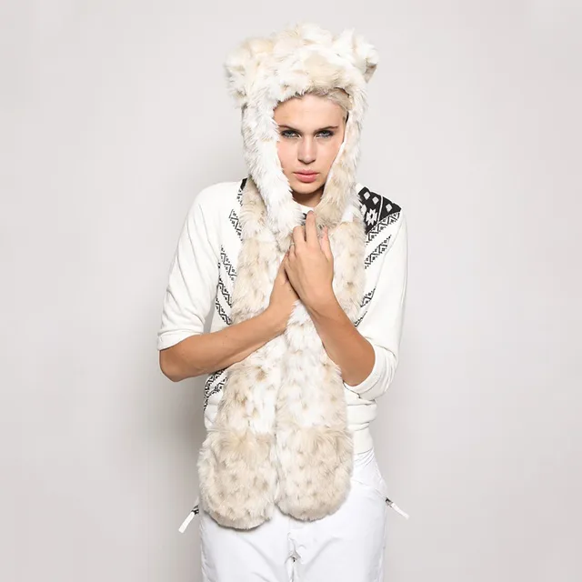 Cartoon Animal Hat Scarf Gloves One 100CM Faux Fur Hat White - Shop at LoveMi