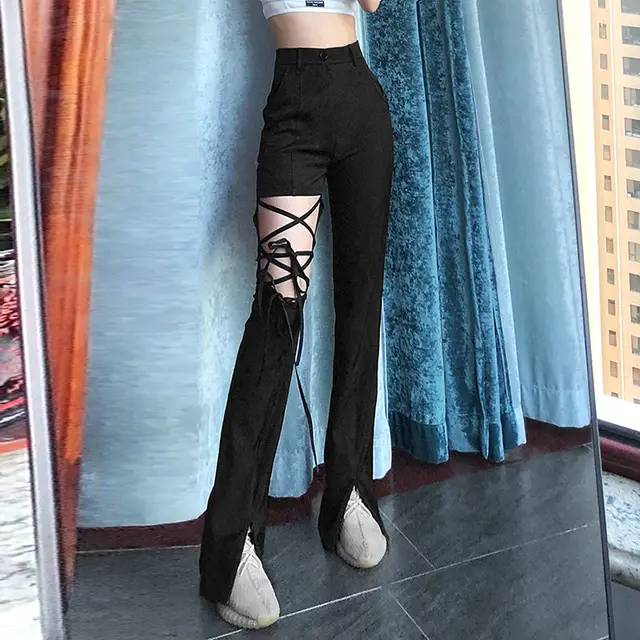 Autumn And Winter Gothic Punk Style Lace up Leggings Hip High Waist Trousers Blackd - Shop at LoveMi