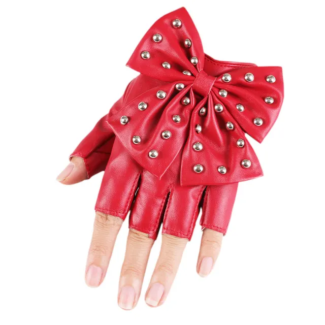 Rivet Bowknot Faux Leather PU Fashion Half Finger Gloves Red - Shop at LoveMi