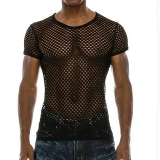 See-through T-shirt Hollow Short Sleeve Grid - Black