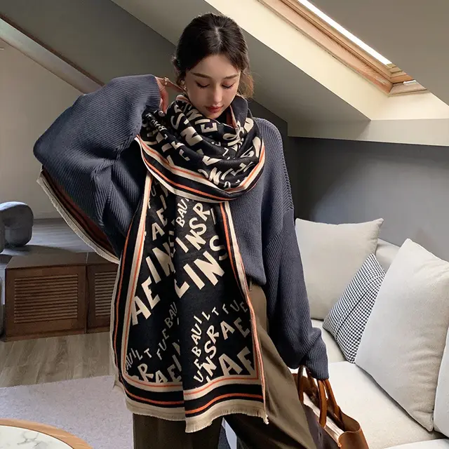 Imitation Cashmere Autumn Winter New Letter Scarf Black - Shop at LoveMi