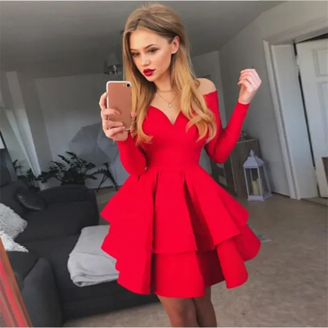 Sexy Elegant Deep V neck Long Sleeve Dress Red - Shop at LoveMi