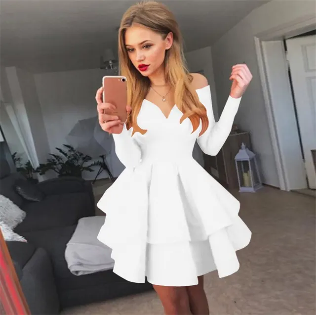 Sexy Elegant Deep V neck Long Sleeve Dress White - Shop at LoveMi