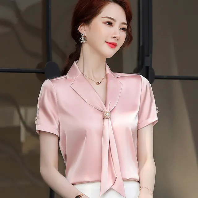 Temperament Fluttering Wide Loose Silk Shirt Goddess Fan V Neck Blouse Pink - Shop at LoveMi