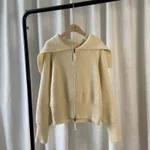The New Lapel Short Dongdaemun Solid Color Zipper Knitted Cardigan Long-sleeved Blouse Jacket Women - Beige