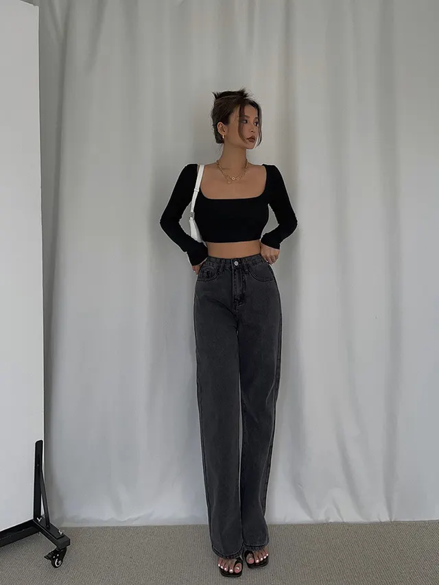 Fall New Women's High Waist Mopping Drape Jeans Dark Grey - Shop at LoveMi
