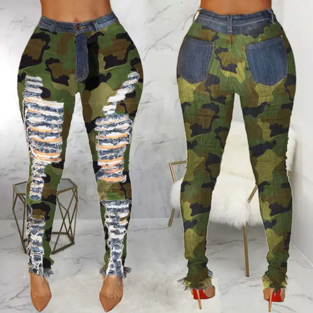 Women's Sexy Personality Ripped High waisted Leggings And Frayed Camouflage Feet Pants Camouflage - Shop at LoveMi