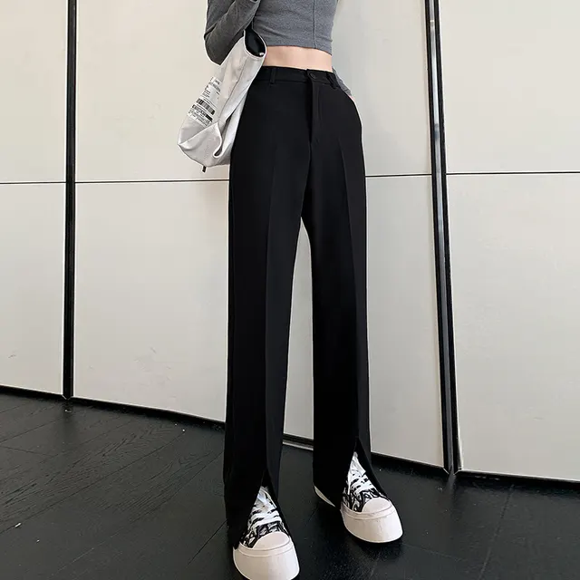 Front Slit Suit Pants Women High Waist Loose Drape Black - Shop at LoveMi