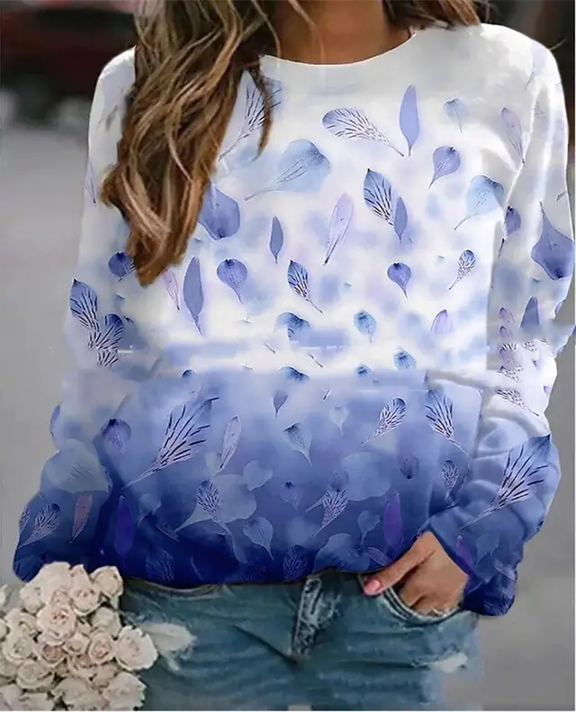 Women's Round Neck Pullover Floral Print Sweatshirt 2 Style - Shop at LoveMi