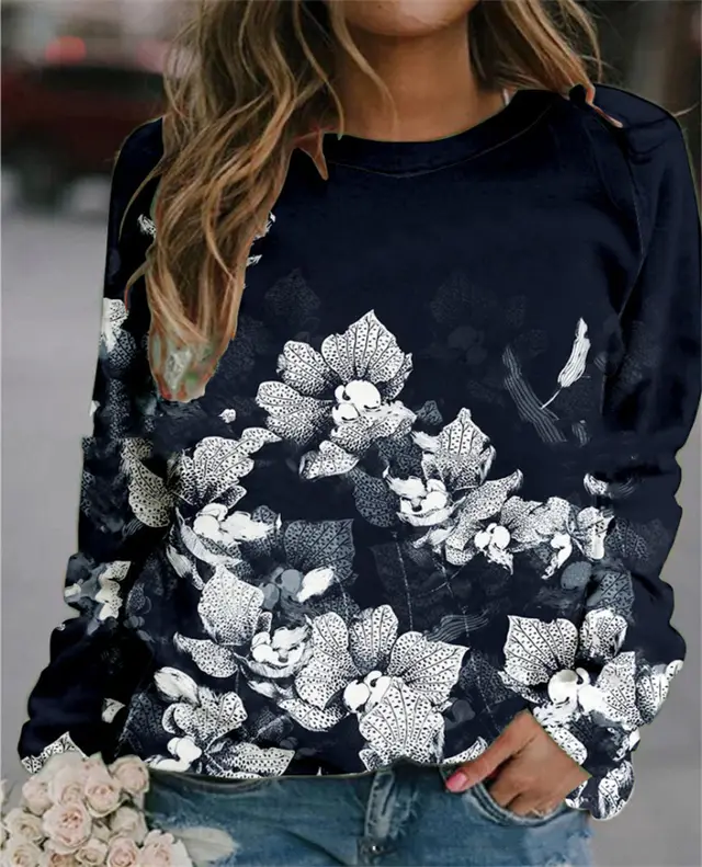 Women's Round Neck Pullover Floral Print Sweatshirt 5 Style - Shop at LoveMi