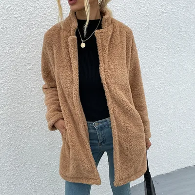 Solid Color Lapel Double sided Velvet Large Slot Pocket Mid length Coat Wool Sweater Camel - Shop at LoveMi