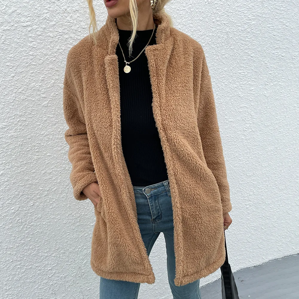 Solid Color Lapel Double sided Velvet Large Slot Pocket Mid length Coat Wool Sweater Camel - Shop at LoveMi