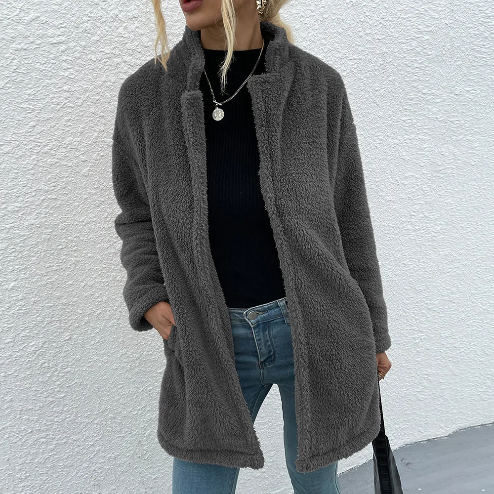Solid Color Lapel Double sided Velvet Large Slot Pocket Mid length Coat Wool Sweater Dark Grey - Shop at LoveMi