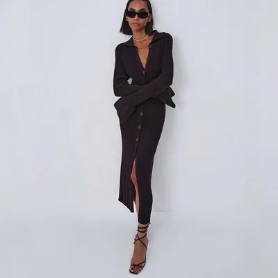 V neck Long Button Flared Sleeve Sweater Dress Coffee - Shop at LoveMi