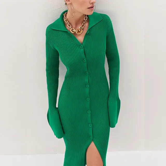 V neck Long Button Flared Sleeve Sweater Dress Green - Shop at LoveMi
