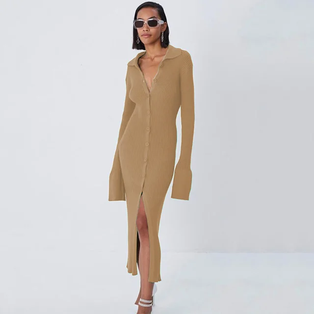 V neck Long Button Flared Sleeve Sweater Dress Khaki - Shop at LoveMi