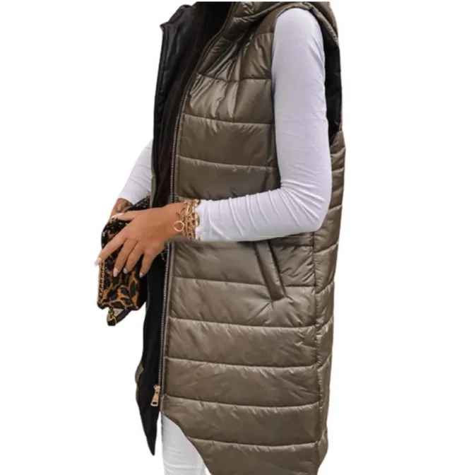 Cardigan Hooded Vest Single breasted Sleeveless Pocket Mid length Jacket Light Coffee Color - Shop at LoveMi