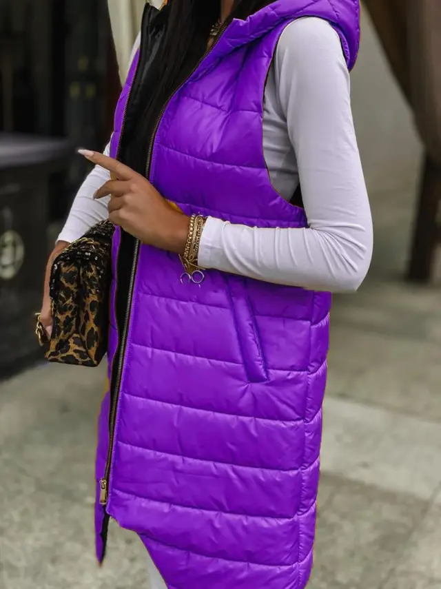 Cardigan Hooded Vest Single breasted Sleeveless Pocket Mid length Jacket Purple - Shop at LoveMi