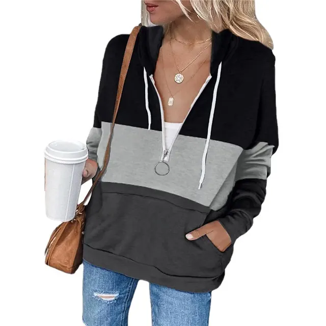 Women's Solid Color Long sleeved Hooded Stitching Pullover Sweater Zipper Jacket Black - Shop at LoveMi