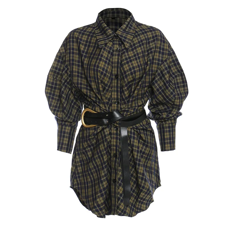 Fashion Plaid Shirt Loose Retro With Belt Mid length Shirt Skirt Top Green - Shop at LoveMi