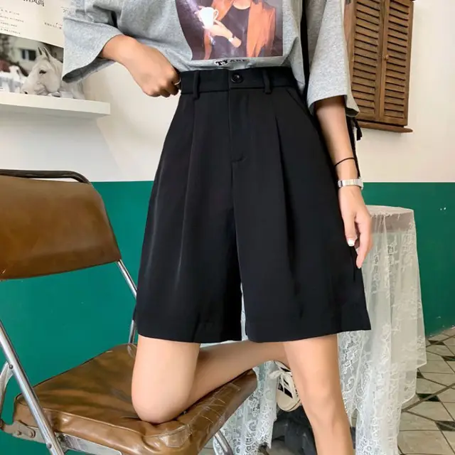 Large Size Casual Wide leg Loose fitting Thin High waist Five point Suit Black Five point Pants Black - Shop at LoveMi