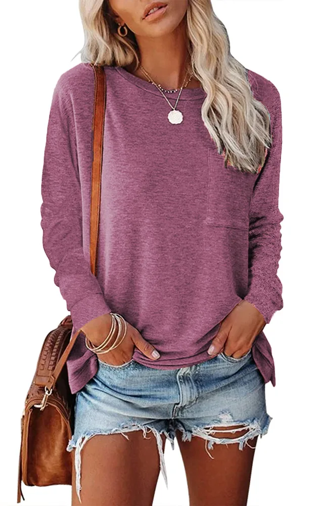 Pocket Split Long-sleeved Casual Bottoming T-shirt - Fuchsia - View 1