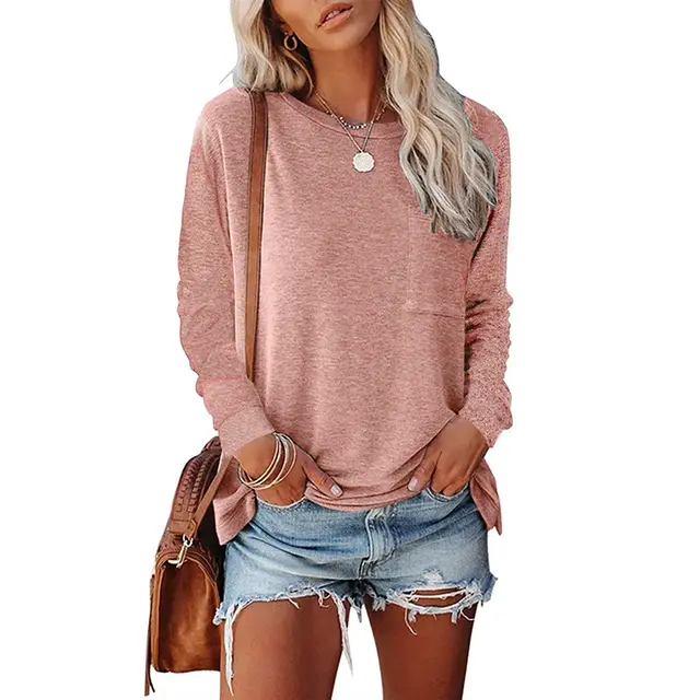 Pocket Split Long sleeved Casual Bottoming T shirt Pink - Shop at LoveMi