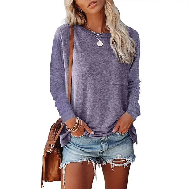 Pocket Split Long sleeved Casual Bottoming T shirt Purple - Shop at LoveMi