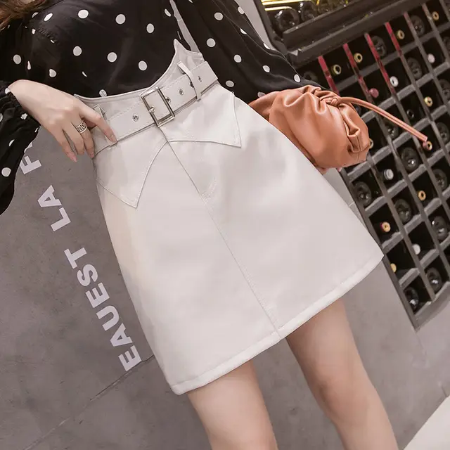 High Waist A line Half length Women's Western Style PU Small Leather Skirt White - Shop at LoveMi
