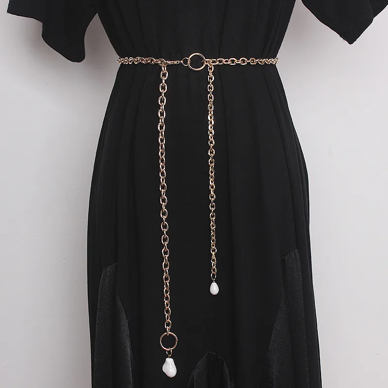 Pearl Tassel Decoration With Dress Waist Metal Chain - Rose Gold - View 1