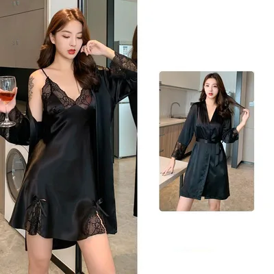 Ice Silk Thin Lace Suspender Nightdress Nightgown Two piece Suit Black - Shop at LoveMi