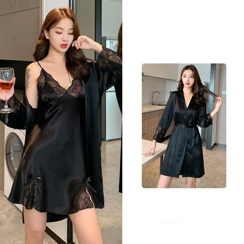 Ice Silk Thin Lace Suspender Nightdress Nightgown Two-piece Suit - Black