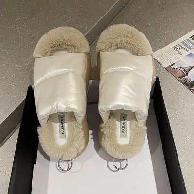 Thick Soled Warm Down Plush Slippers For Women's Outer Wear Toed Flip Flops White - Shop at LoveMi