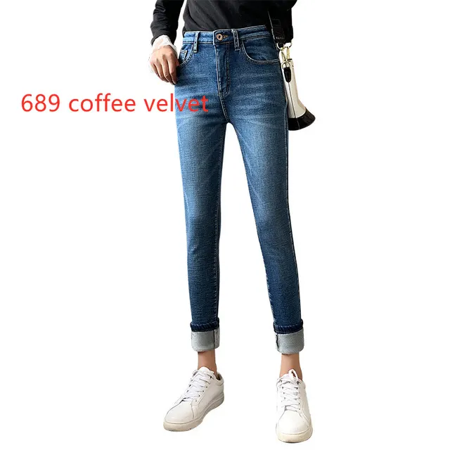 Women's Retro Blue Skinny Pants With Fleece Feet 689Coffee Velvet - Shop at LoveMi