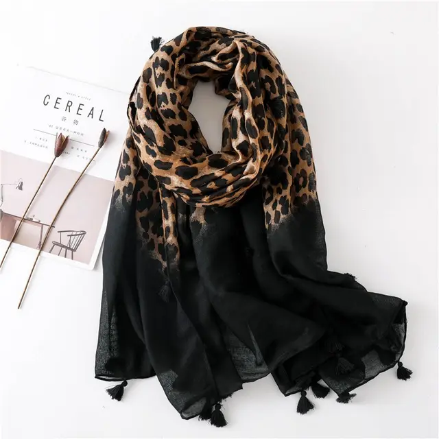 Leopard Print Cotton And Linen Silk Scarf Dual use Shawl Black Panther Yt18005 - Shop at LoveMi