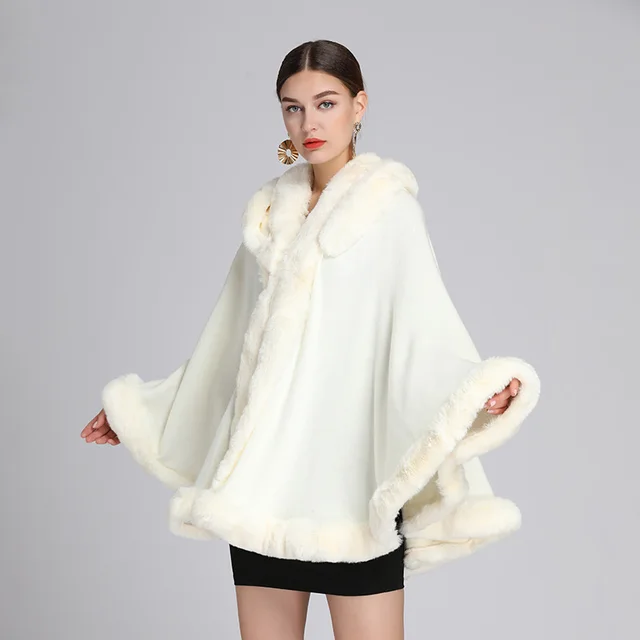 New Rex Rabbit Fur Collar Hooded Shawl White - Shop at LoveMi